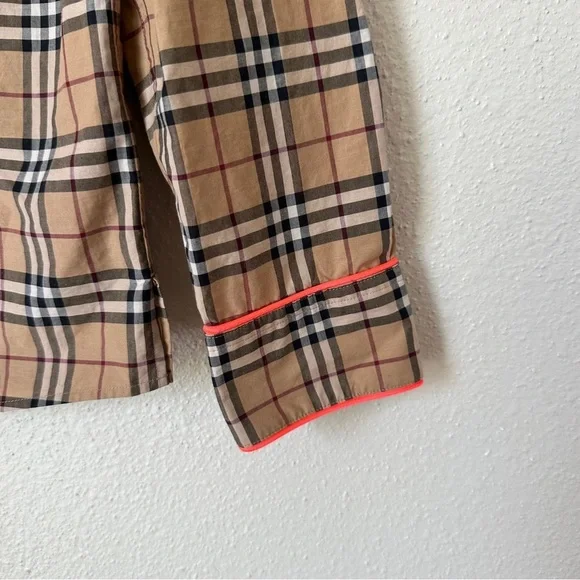 Burberry Tan Plaid Button-Up Shirt with Pink Trim Detail - Picture 4 of 13